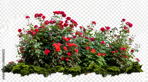 Fototapeta Naklejka Na Ścianę i Meble -  Cutout flowerbed Plants and red flowers isolated on transparent background via an alpha channel Flower bed for garden design Luxurious foliage of green bushes and shrubs Red roses : Generative AI