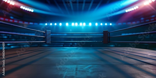 A deserted boxing ring in a spacious arena, primed for competitions and matches. Concept Boxing Ring, Arena, Competition, Matches, Spacious photo