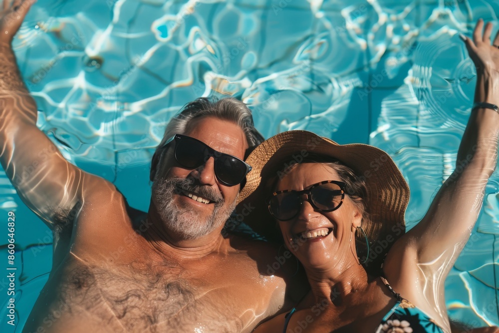 Happy Senior Couple Relaxing in a Swimming Pool on a Sunny Day Happy Senior Couple Relaxing in a Swimming Pool on a Sunny Day