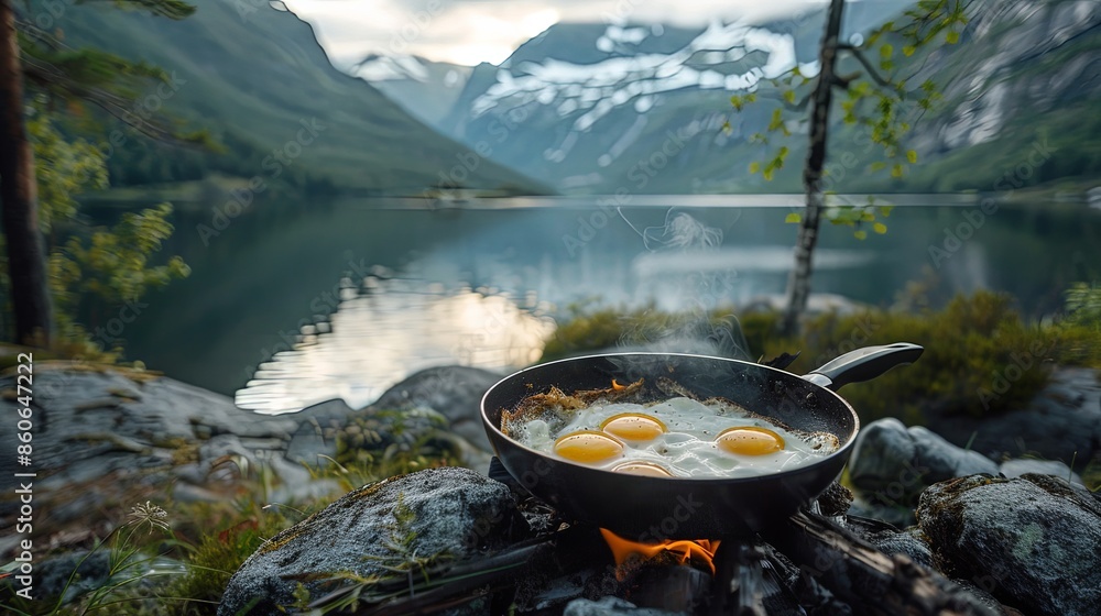 In a tranquil mountain setting, a frying pan with eggs over a campfire beside a clear lake captures the serenity and simple joy of outdoor camping and cooking. In a tranquil mountain setting, a frying pan with eggs over a campfire beside a clear lake captures the serenity and simple joy of outdoor camping and cooking.