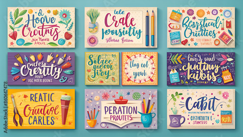 Art and craft, card designs set. Artists motivation quotes on square backgrounds. Creative hobby, painting, sketching and calligraphy. Creativity phrases on postcards. Flat vector illustration