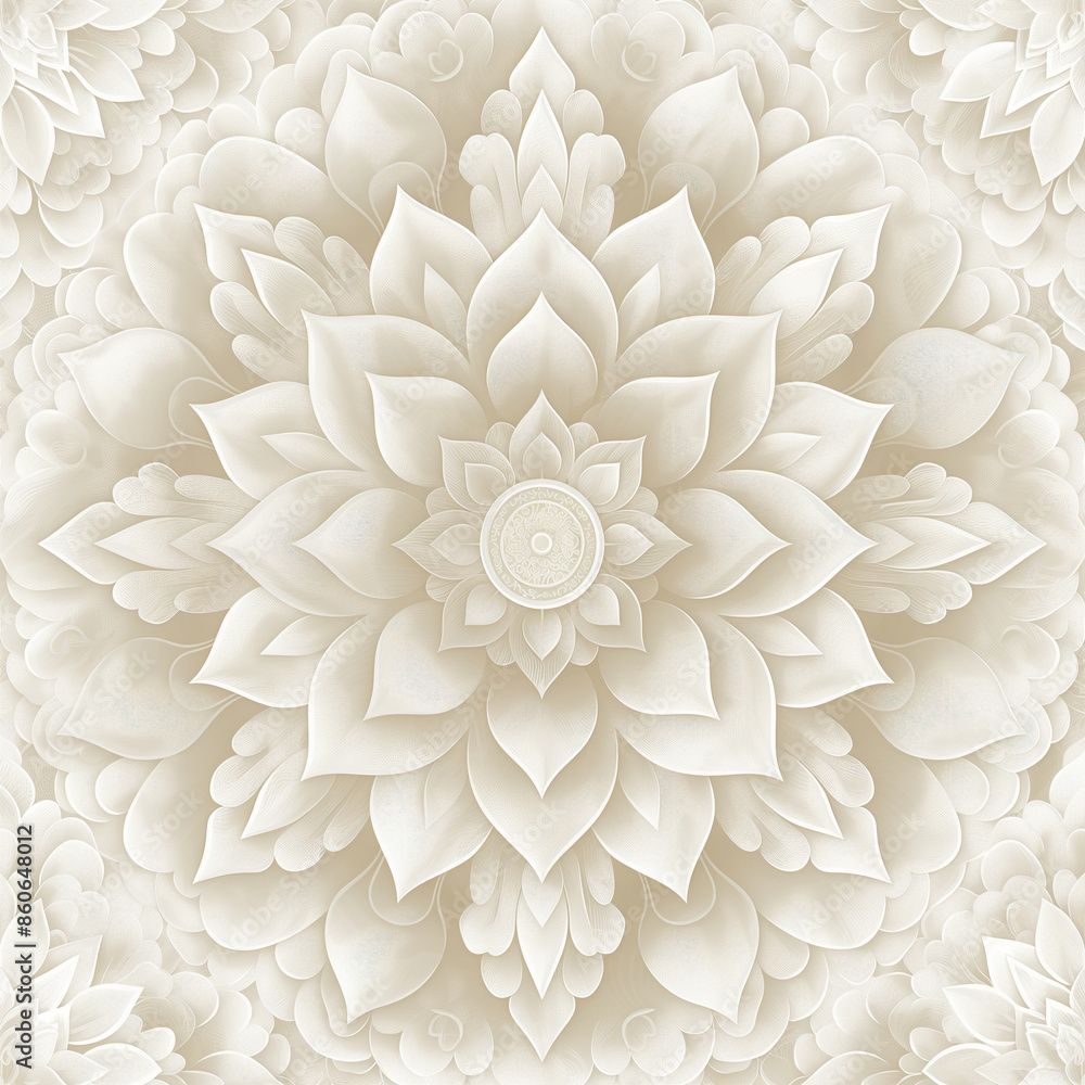 Beige wallpaper with an image of a mandala with an elegant pattern and floral elements. Beige wallpaper with an image of a mandala with an elegant pattern and floral elements.