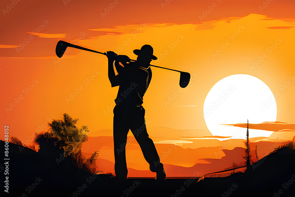 Obraz premium A golfer's silhouette showcases a perfect swing against a bright, clear background. This dynamic image captures the focus and athleticism of the sport.