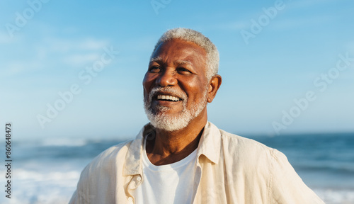 Photography Blissful elderly man smiling by the ocean