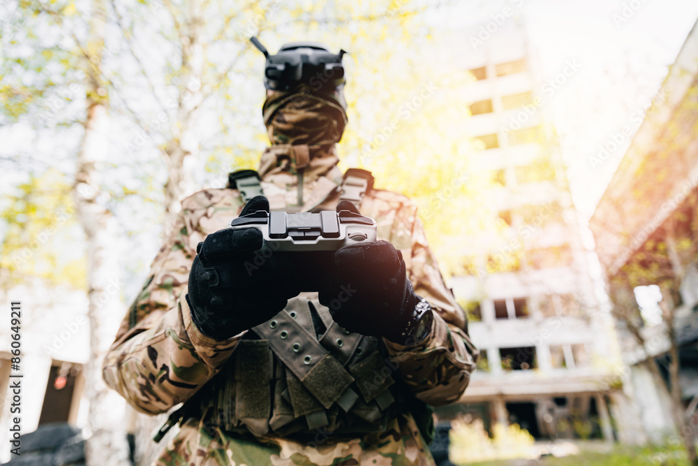 Fototapeta premium UAV Army operator in FPV glasses controls drone with bomb to drop into enemy fortifications and trenches