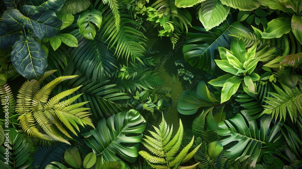 A vibrant and lush close-up shot of a tropical rainforest canopy showcasing a diverse array of green foliage. Generative AI A vibrant and lush close-up shot of a tropical rainforest canopy showcasing a diverse array of green foliage. Generative AI