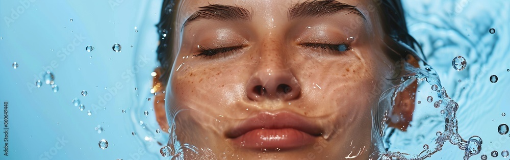 Close-up of a woman's face with eyes closed, refreshed by a splash of clear water against a blue background. Close-up of a woman's face with eyes closed, refreshed by a splash of clear water against a blue background.