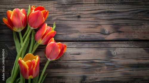 beautiful tulips on wooden background : Generative AI