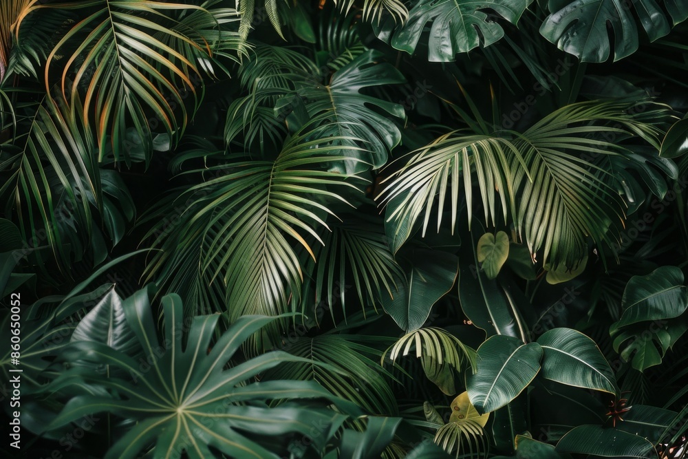 Lush tropical foliage with large palm and monstera leaves in deep green hues, creating a dense jungle atmosphere, ideal for nature themes, tropical aesthetic Lush tropical foliage with large palm and monstera leaves in deep green hues, creating a dense jungle atmosphere, ideal for nature themes, tropical aesthetic