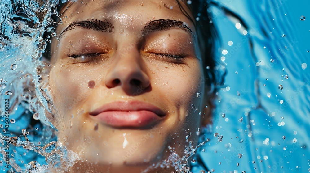Close-up of a smiling woman with closed eyes, covered in water droplets, enjoying a refreshing moment against a blue background. Close-up of a smiling woman with closed eyes, covered in water droplets, enjoying a refreshing moment against a blue background.