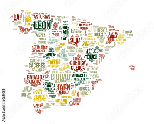 Spain Word Cloud. Country shape with region division. Spain typography style image. Region names tag clouds. Vector illustration.
