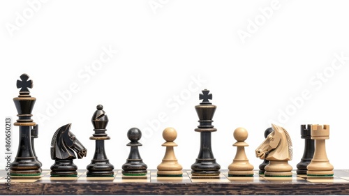Chess pieces on board, photographed with white background