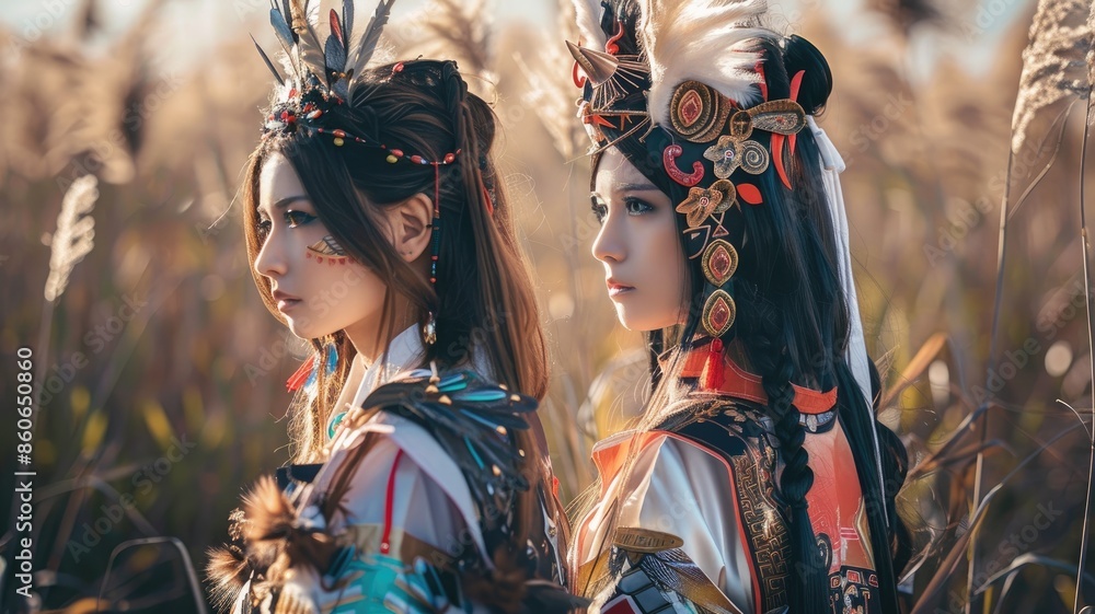 Two women dressed in elaborate native-inspired costumes with ...