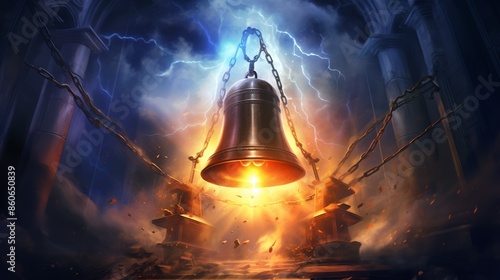 Illustration of lightning striking the Liberty Bell. Vivid lightning bolt, detailed bell, dark clouds, intense and powerful, capturing a dramatic and symbolic scene.