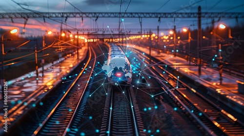 A train moves through dusk surrounded by digital connection motifs, blending the rail transport with a networked and innovative technological atmosphere. photo