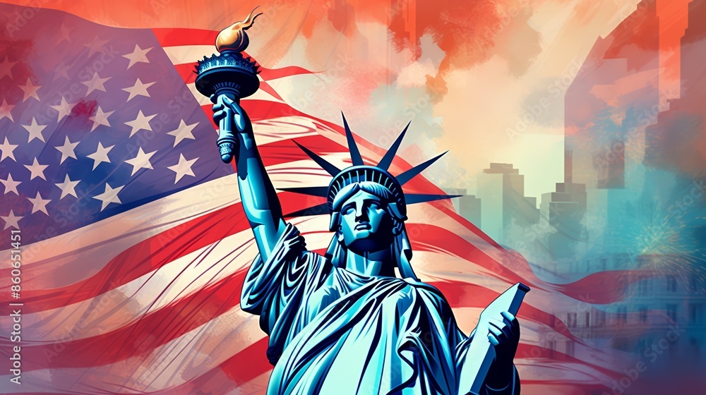 Fototapeta premium Statue of Liberty with eagle and flag in illustrator style. Detailed and vibrant, eagle soaring, flag fluttering, iconic statue, capturing the spirit of freedom and national pride.