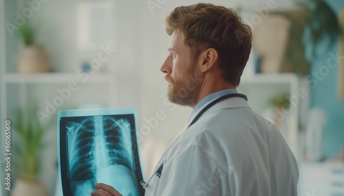 Man in doctor's attire holding a spine X-ray in a well-lit medical office photo