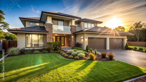 Beautiful contemporary suburban residence with perfectly manicured lawn and sleek exterior design elements shines brightly in morning sunlight.