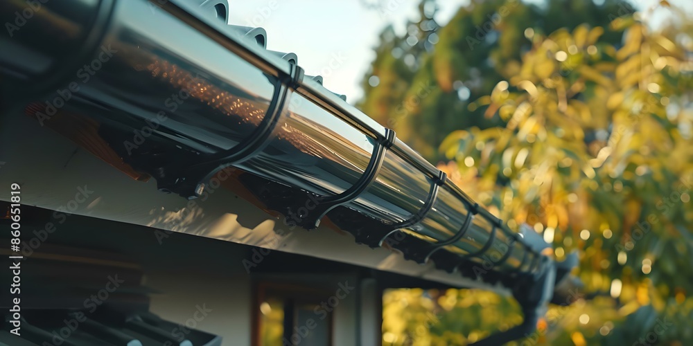 Fototapeta premium Black metal rain gutter system installed on the roof of a house. Concept Roofing, Rain Gutters, Home Improvement, Metal Installation, Weather Protection