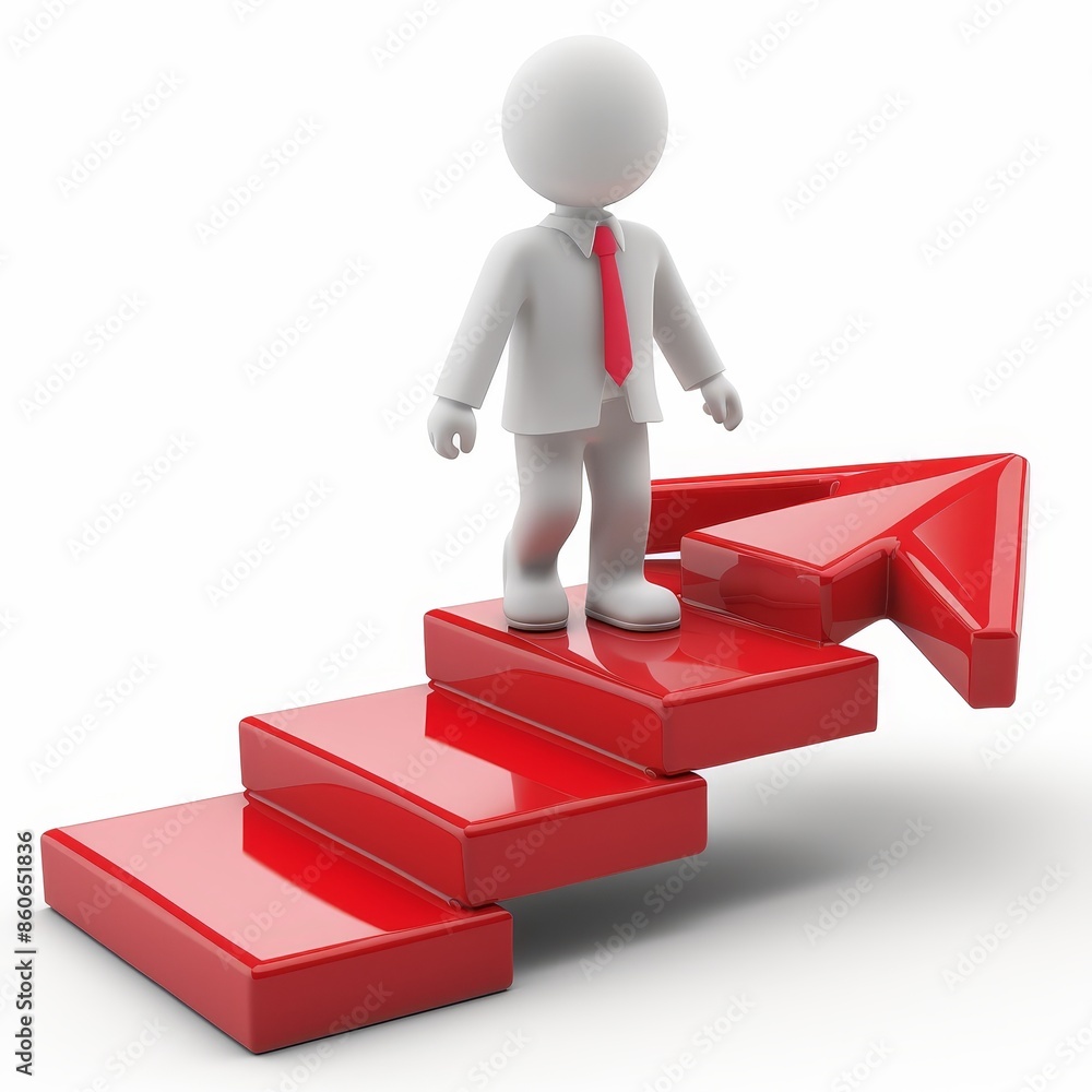 3D rendering of a businessman confidently climbing a red arrow on stairs. Dressed in a white shirt, red tie, and white shoes. Suitable for presentations and stock agencies 3D rendering of a businessman confidently climbing a red arrow on stairs. Dressed in a white shirt, red tie, and white shoes. Suitable for presentations and stock agencies