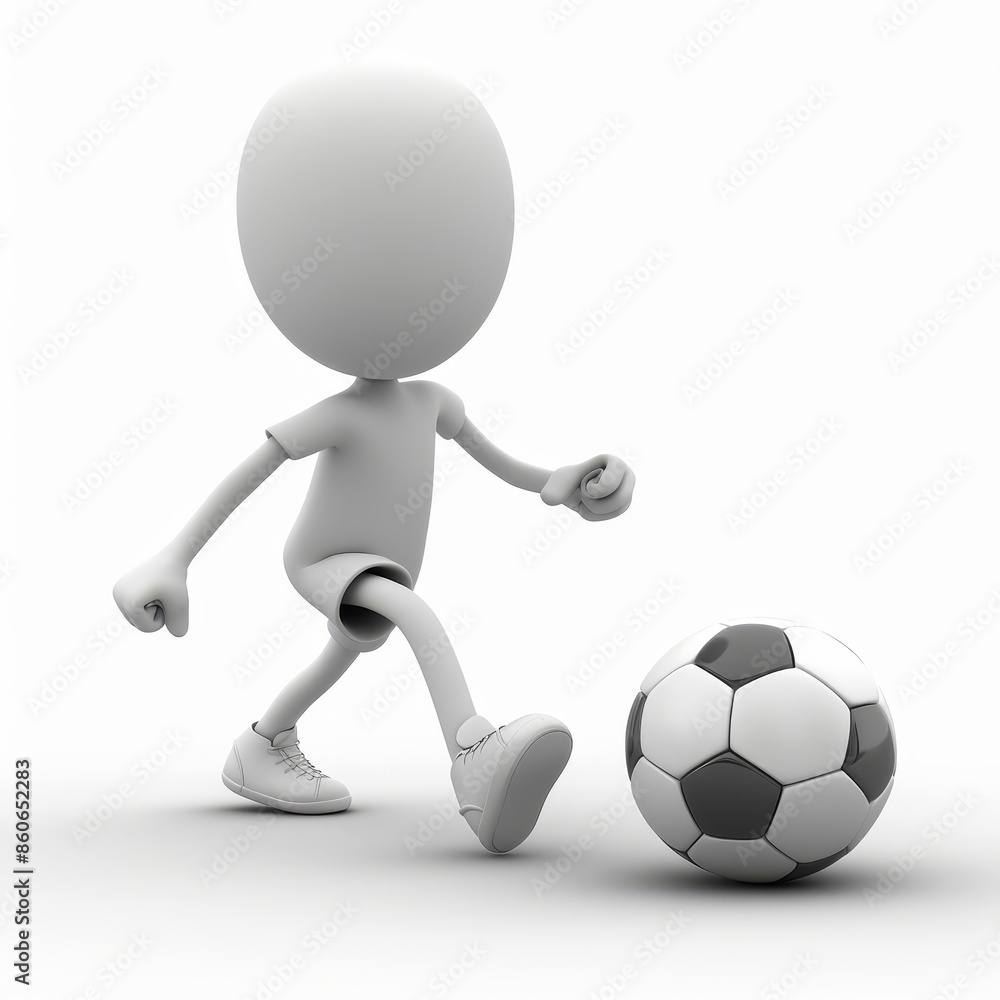 3D rendering of a male character playing soccer on white background. Character in mid-stride about to kick ball, wearing white shirt, black shorts, white shoes, black white ball 3D rendering of a male character playing soccer on white background. Character in mid-stride about to kick ball, wearing white shirt, black shorts, white shoes, black white ball