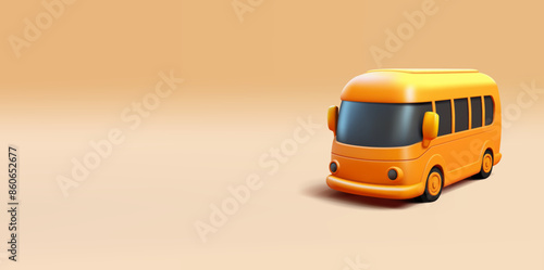 Yellow 3D bus. Banner for design concepts of public transport, school bus, travel, and intercity transportation. Vector