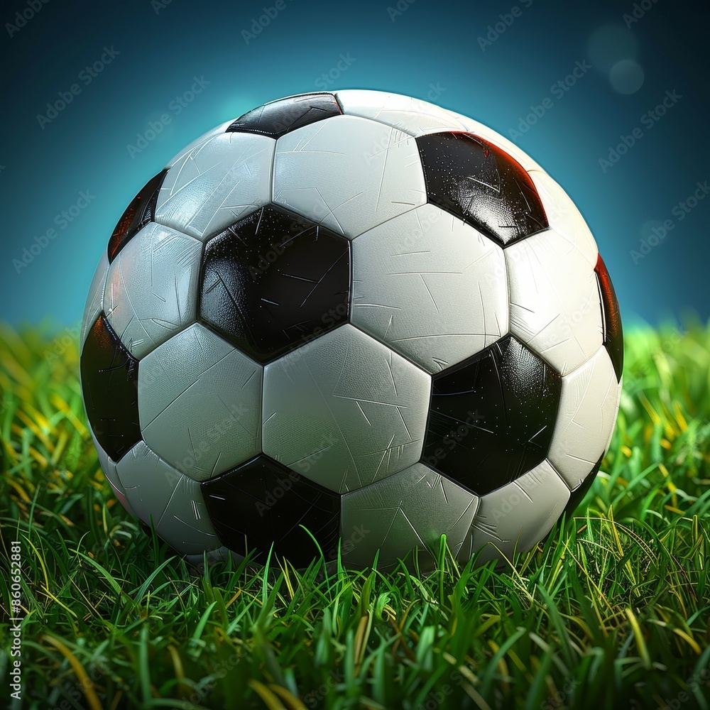 Naklejka premium Black and white soccer ball with visible stitching laying on green grass ready to be kicked towards goal past defenders into net to score in professional sports game
