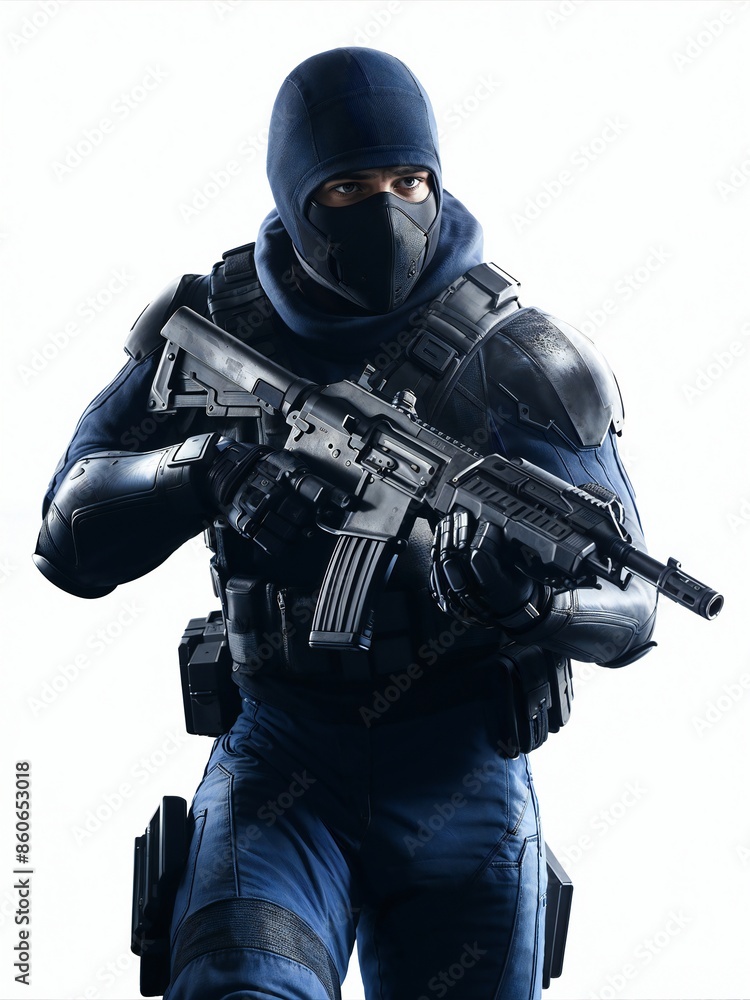 A masked soldier dressed in advanced tactical gear, holding a powerful rifle. A masked soldier dressed in advanced tactical gear, holding a powerful rifle.
