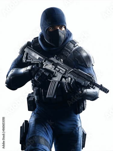 A masked soldier dressed in advanced tactical gear, holding a powerful rifle.