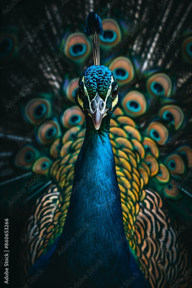 Obraz premium peacock blue tail green head anthropomorphism decollete amazing inspiring brightly colored portrait cartoon animal