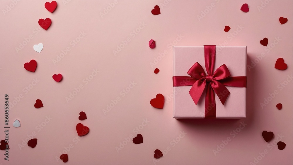 gift box with red ribbon and hearts on pink background with empty space for text gift box with red ribbon and hearts on pink background with empty space for text