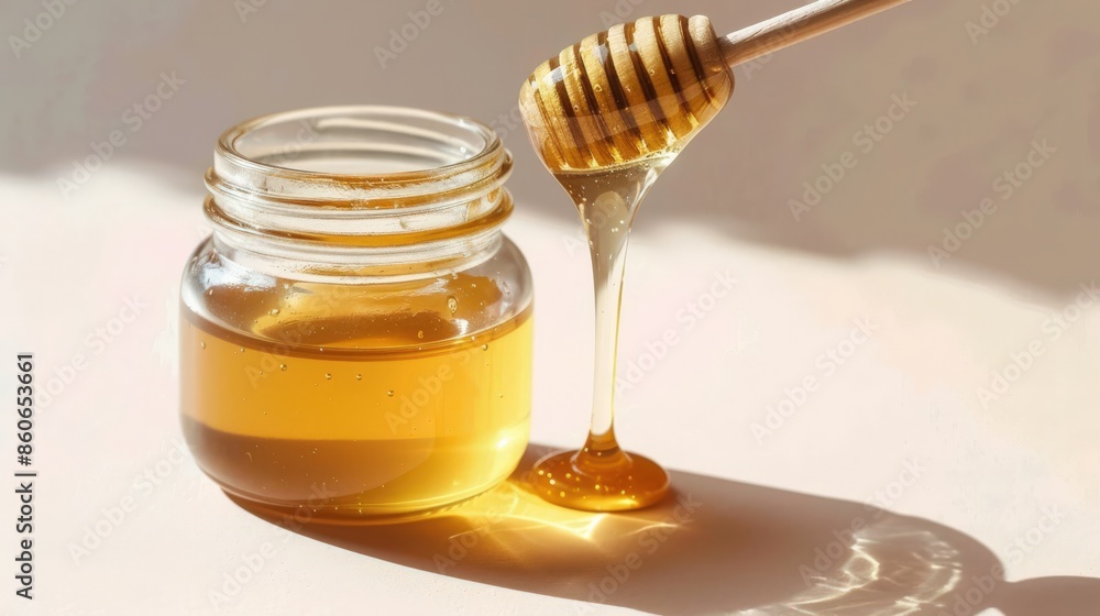 Studio photo of a honey jar casting a soft shadow against a neutral background creating a simple yet elegant visual for product advertising Studio photo of a honey jar casting a soft shadow against a neutral background creating a simple yet elegant visual for product advertising