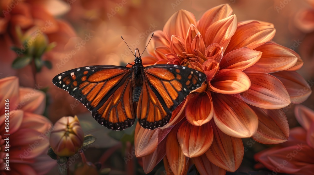 Monarch butterfly pollinating a dahlia Monarch butterfly pollinating a dahlia