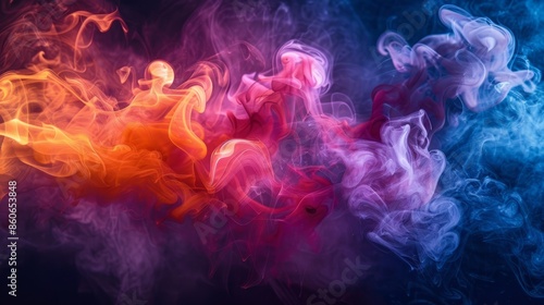 Colorful smoke swirls against a dark background