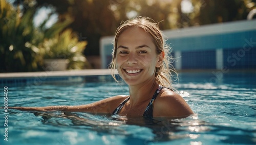 A joyful woman with a radiant smile enjoying a refreshing swim in a luxurious swimming pool
