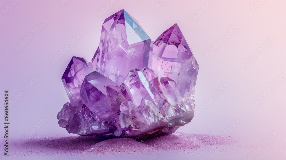 Fototapeta premium Translucent amethyst crystal cluster on resting soft pastel surface facets studio sharp dreamy minimal workspace fashion beauty