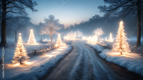 Christmas road illuminated with decoration and snow © sarahsophie