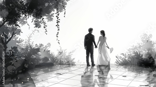 Couple tout juste marié prenant la pose dans des jardins somptueux, mariage campagnard l'été, époux et épouse pour un shooting de mariage romantique photo