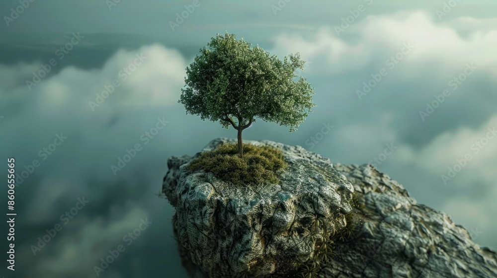 Single tree on a clifftop above the clouds Single tree on a clifftop above the clouds