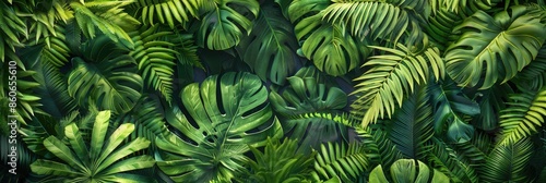 A close-up of vibrant green leaves in a dense tropical rainforest. Generative AI