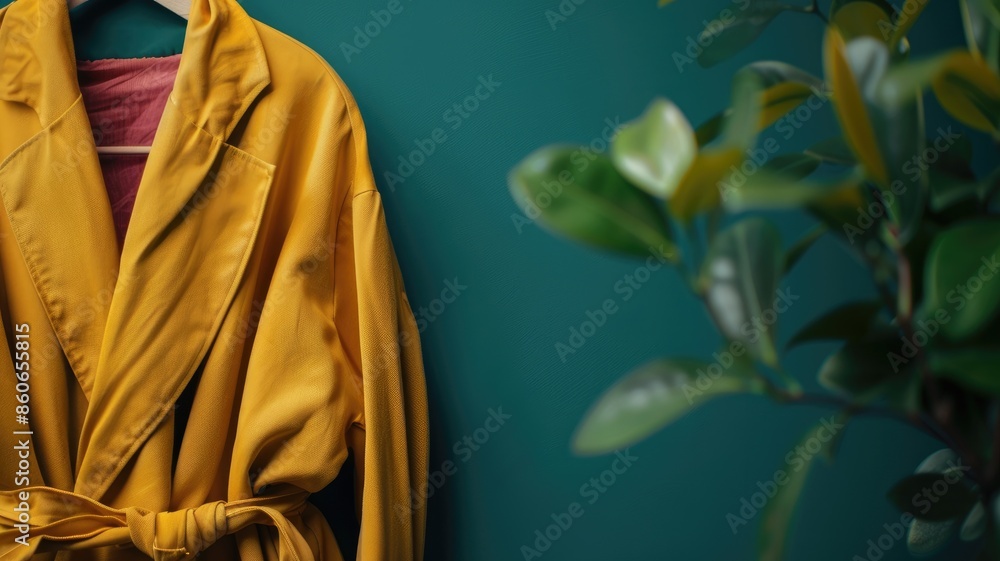 Fototapeta premium Bright yellow robe on hanger against teal wall with plant side