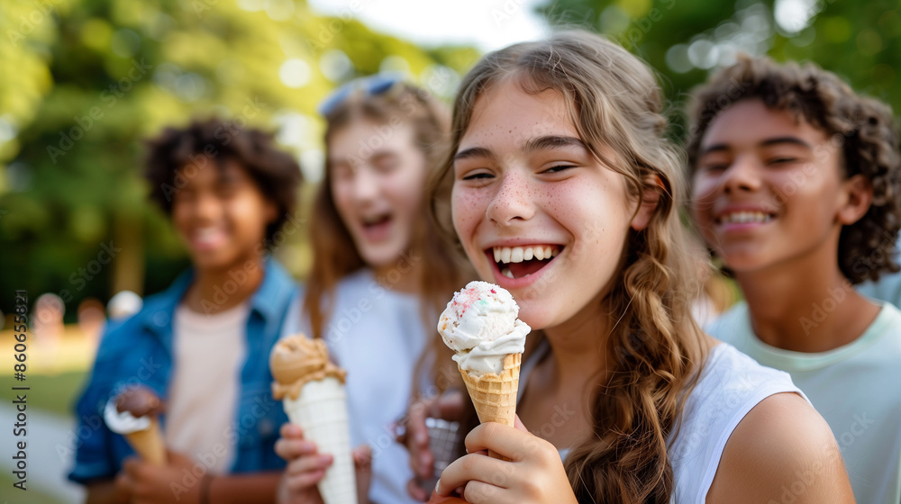 Diverse teenagers enjoying ice cream at the beach on a sunny day Diverse teenagers enjoying ice cream at the beach on a sunny day