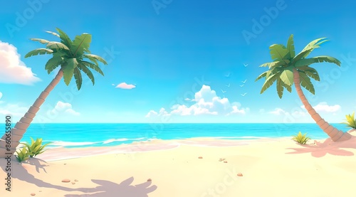 A serene and picturesque 3D cartoon beach scene featuring a sandy shore with two slightly curved palm trees on either side. The beach is framed by a bright blue sky with scattered white clouds 