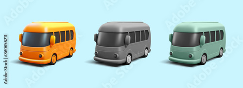 Set of colored buses, 3D. For passenger transport design concepts, adults and children. Vector