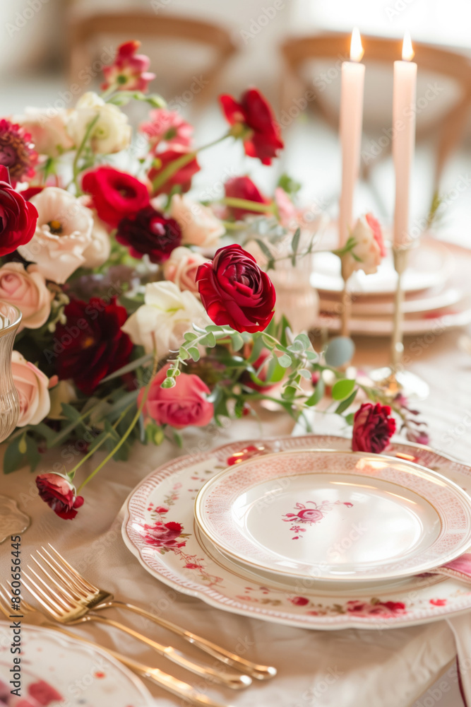 Beautifully set table with bouquets of various flowers in vases, candles, luxury tableware and golden cutlery Beautifully set table with bouquets of various flowers in vases, candles, luxury tableware and golden cutlery