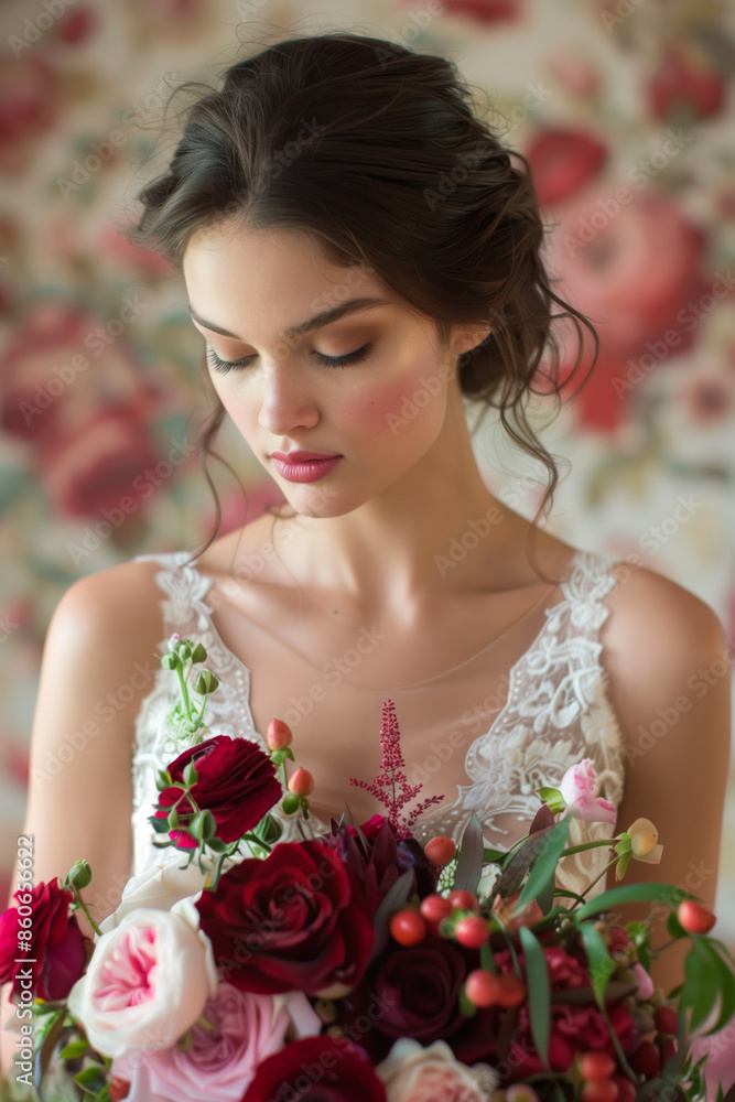 Beautiful bride in a wedding dress with a bouquet of purple flowers Beautiful bride in a wedding dress with a bouquet of purple flowers