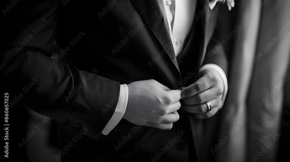 Obraz premium Young businessman or groom fasten button of his blue jacket the groom fastens his jacket The morning of the groom bridegrooms fees Soft focus black and white photo : Generative AI