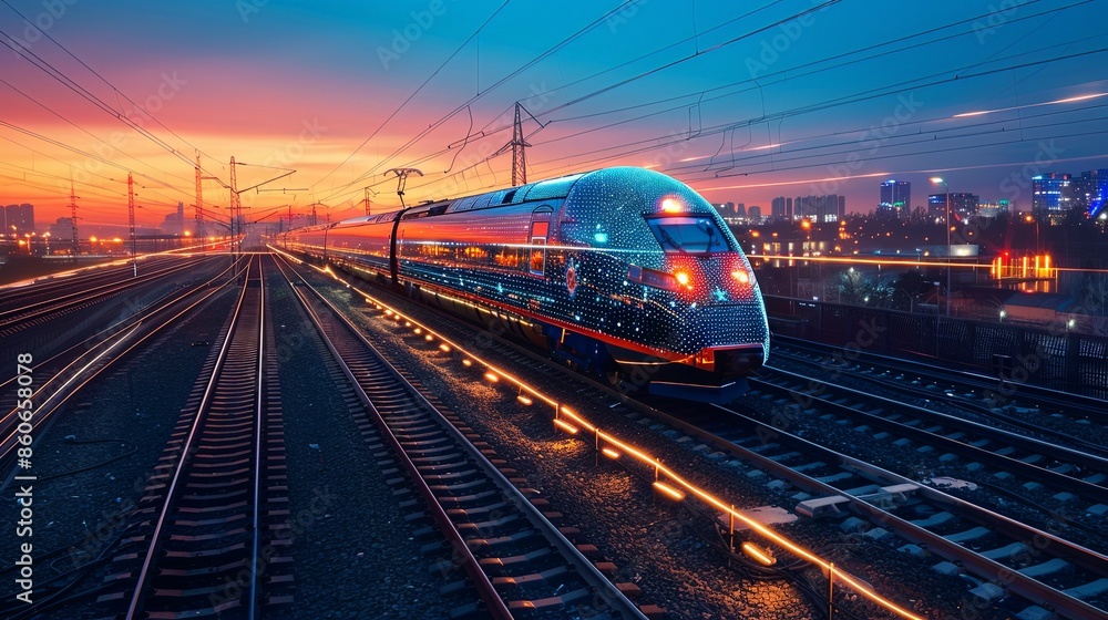 A sleek, high-speed train travels on tracks at twilight, highlighted by sparkling lights, symbolizing speed and modern transport against a cityscape backdrop. A sleek, high-speed train travels on tracks at twilight, highlighted by sparkling lights, symbolizing speed and modern transport against a cityscape backdrop.