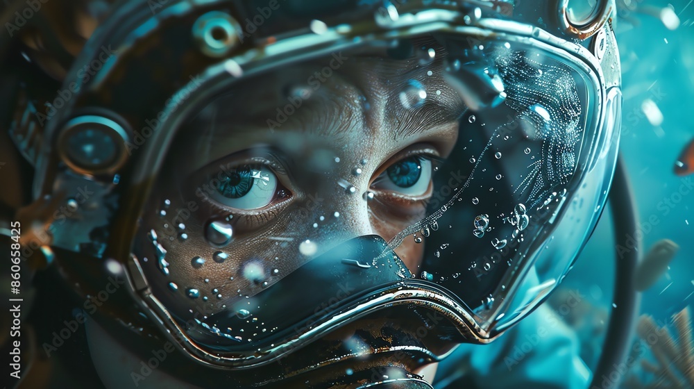 A close-up of a scuba diver's mask. The diver's eyes are wide open and looking directly at the camera. The mask is covered in water droplets. A close-up of a scuba diver's mask. The diver's eyes are wide open and looking directly at the camera. The mask is covered in water droplets.