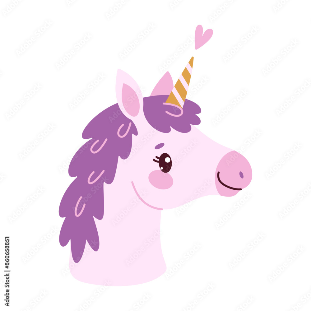 Fototapeta premium Cute lavender magical unicorn. Romantic magical pony Hand drawn flat style isolated for Greeting card, poster, print, t-shirt, party concept, kids books, wallpapers. Vector illustration